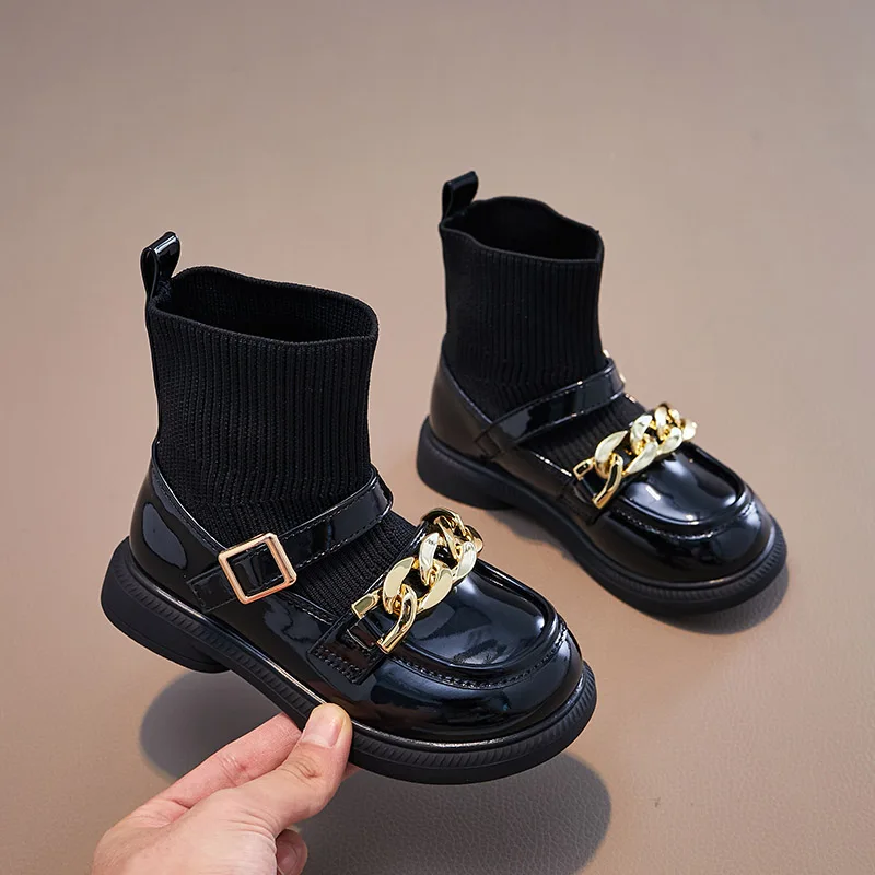 2023 Spring Autumn New Fashion Kids Sock Boots Chains Black Soft Girls Short Boots Drop Shipping Children Casual Boots Simple