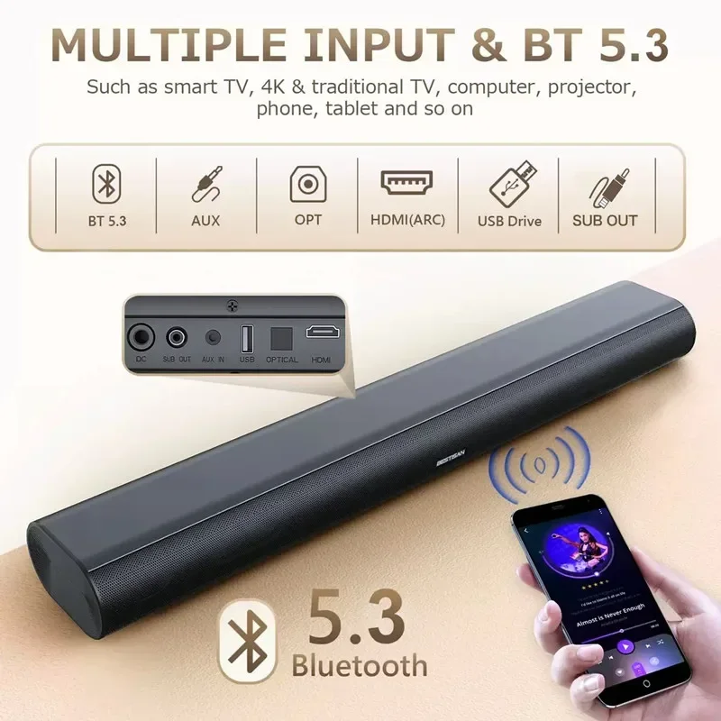 

Smart Music Soundbar for TV, PC,games,surround Sound System,Home TV Sound Bar with Bluetooth/HDMI ARC/optical/AUX/USB Connection