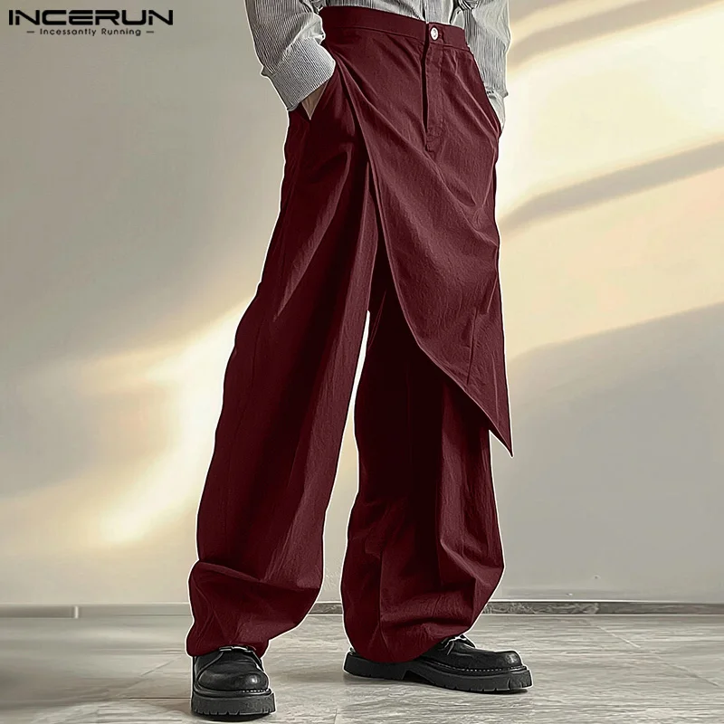 INCERUN Multilayer Wide Leg Pants 2025 Solid Color Simple Trousers Korean Style Harajuku Male Bottoms Simple Commuting Male Pant