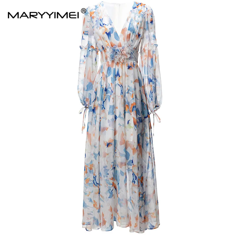 

MARYYIMEI New Fashion Runway Dress Women's V-Neck Puff Sleeves Ink Art Flower Print High Waist Holiday Casual Loose Long Dress