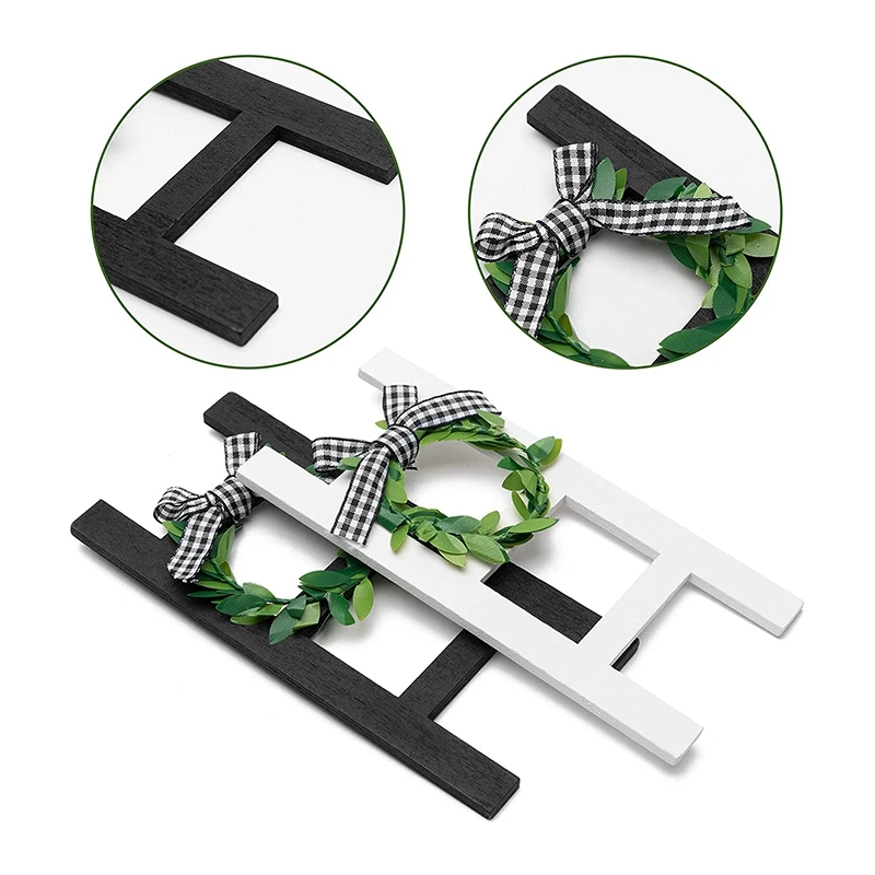 2Pcs Wooden Ladder Tray Decoration Frame Black&White Plaid Farmhouse Ladder Sign Decor Summer Rustic Sign Decoration