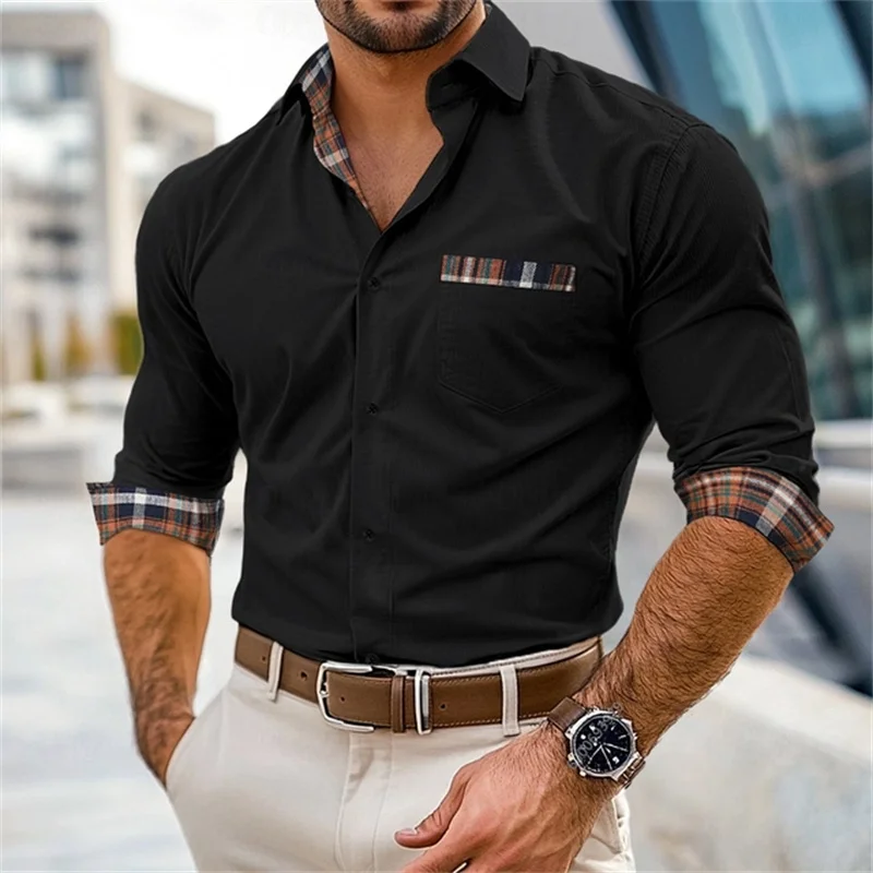 قميص منقوش للرجال، ملابس عمل خارجية، أسود، أزرق داكن، بني، بأكمام طويلة، طية صدر السترة، ملابس الربيع والخريف، تصميم مرقع. #1