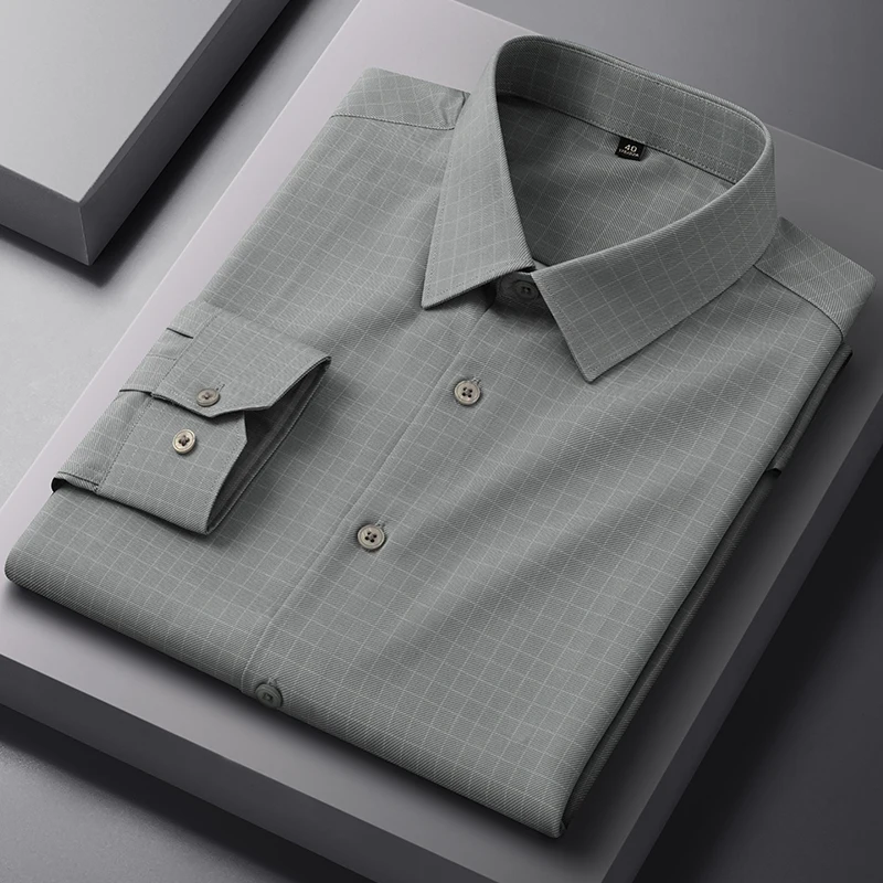 4XL Easy Care Solid Color Classic Plaid Striped Shirts Man Long Sleeve Casual Man Shirt Long sleeve Slim Fit