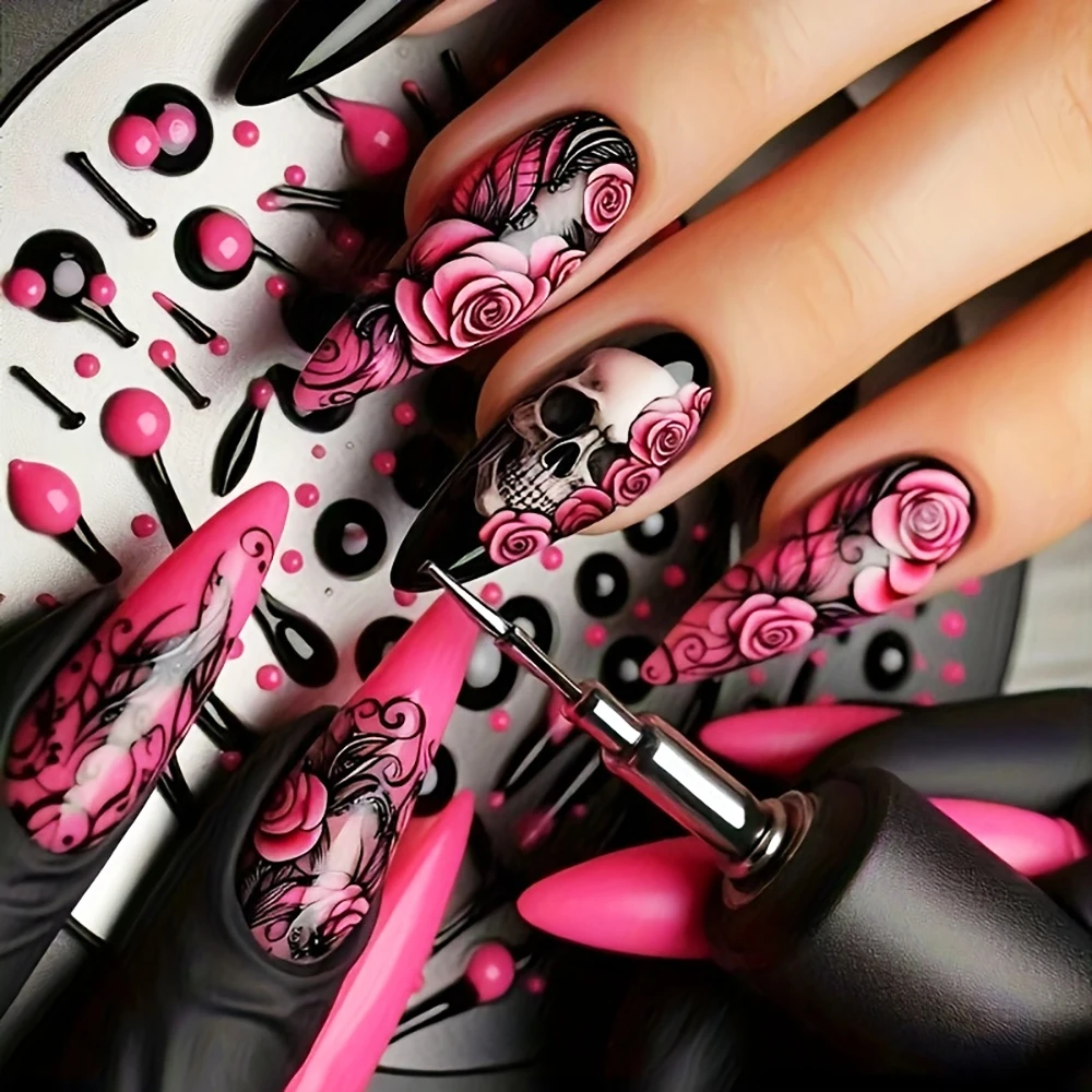 24 stks/set Middellange nepnagels voor Halloween party gradiënt blauw groen Maan Pompoen vleermuis amandel ballet tips druk op nagels art