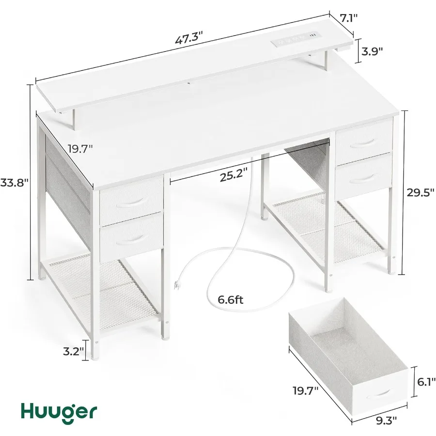 مكتب كمبيوتر مقاس 47 بوصة مع 4 أدراج وأضواء LED، منافذ طاقة مدمجة للمكتب المنزلي أو غرفة النوم، مساحة تخزين كبيرة مثالية #2