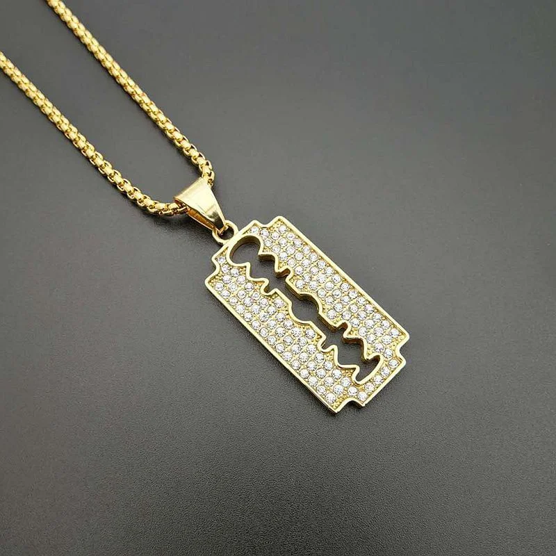 Trendy Titanium Steel Gold Plated Rhinestones Blade Pendant Necklace Creative Personality Men\'s Hip Hop Fashion Jewelry