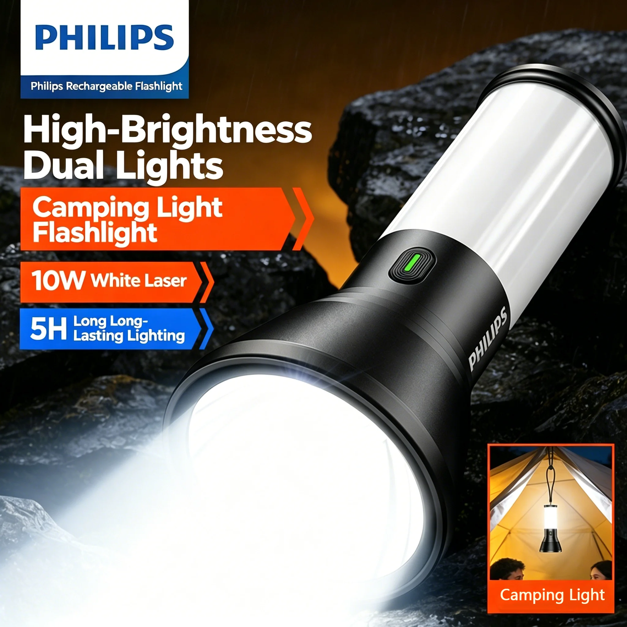 Philips Camping Lamp with Main Side Dual Lights 360 Degree Illumination for Outdoor Camping Night Reading Emergency Repair