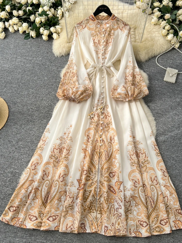 

French Printed Party Dress Women Spring Autumn Bubble Sleeves Floral Single Breasted Long Dresses Ladies Slim A-line Long Robe