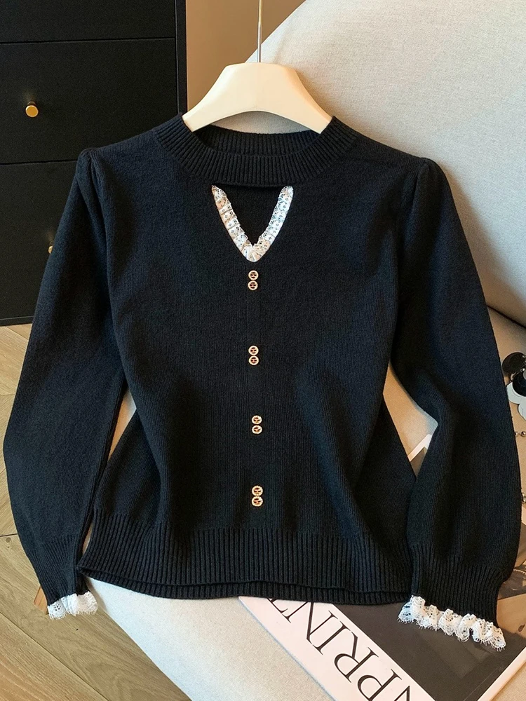 

Дизайнерский свитер с кружевным воротником и выдолбленным воротником, женский осенне-зимний утягивающий милый вязаный топ