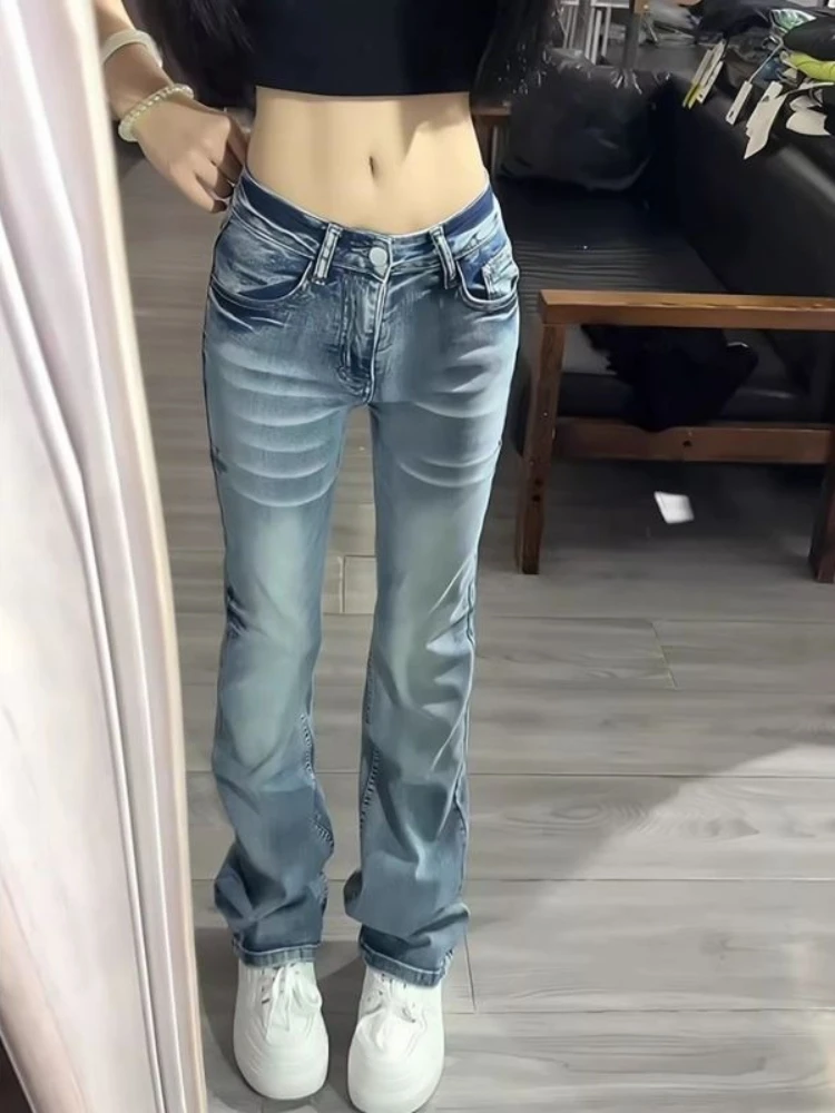 Women Low Waist Gradient Wash Flare Jeans Y2K Vintage Faded Slim‑fit Bell‑Bottom Denim Pants Casual Streetwear Long Trousers