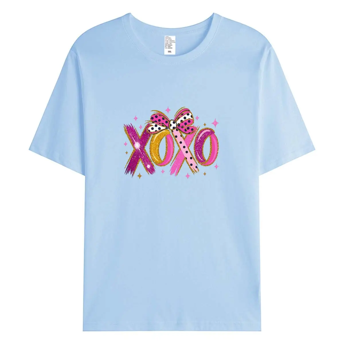 

Women XOXO Glitter Bow Printed T-shirt Casual Pink Polka Dot Graphic Tee Short Sleeve Valentine Day Fashion Ladies Tops