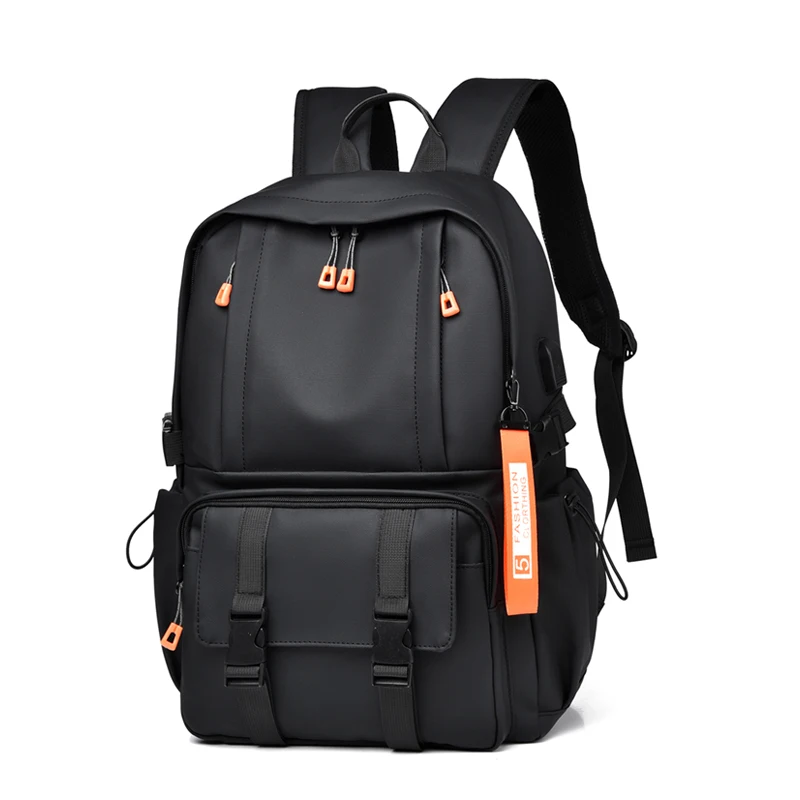 Mens Fashionable Black Backpack Multi pocket Travel Rucksack Durable Laptop Backpack with Orange Accents