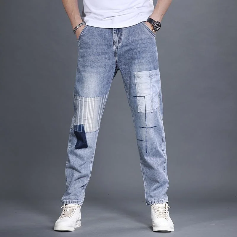 Punk Clothing 2026 New Summer Jeans Men's Straight-Leg Light Color Stretch Trendy Brand Patchwork Motorcycle Men's Casual Pants