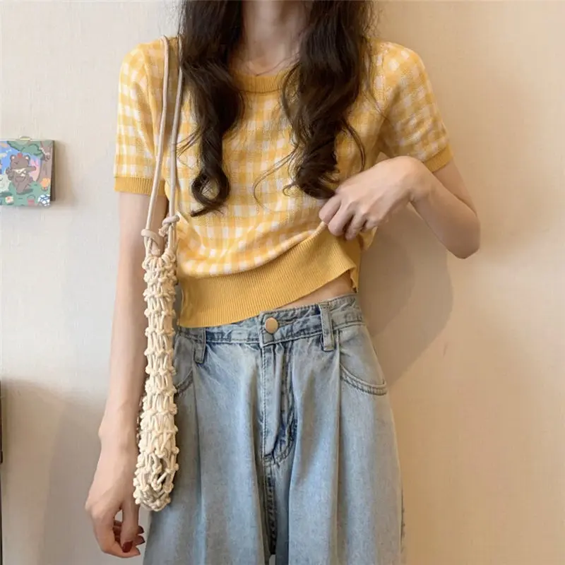 Cropped Pullovers Women Plaid Colorful All-match Y2k Short Sleeve Knitwear Summer Slim Preppy Sweet Casual Simple Fashion Chic