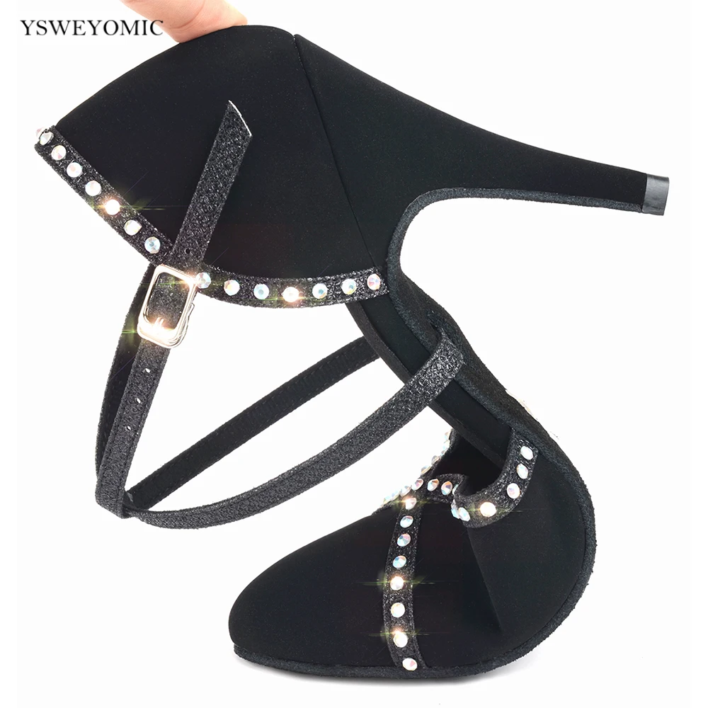 YSWEYOMICE Rhinestones Ballroom Dance Shoes Closed Toe high Heel Suede Ballroom Latin Dance Shoes