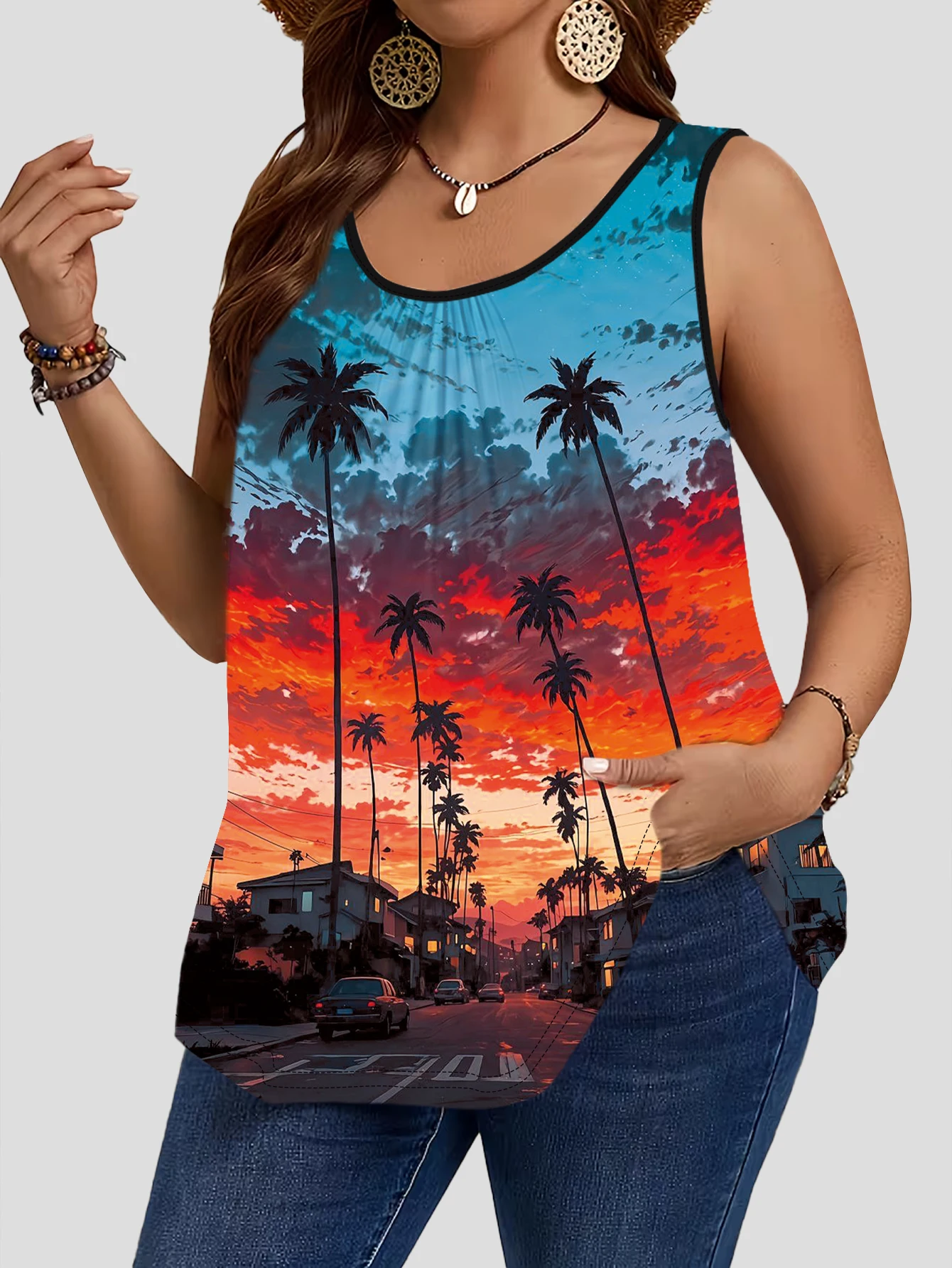 3-Piece Set of Plus-Size Sleeveless Vests｜Vintage Cyber Cyberpunk Palm Tree Sunset Highway Landscape Print Loose-Fitting, Flesh-Covering, Round-Neck Casual Outerwear Top 4