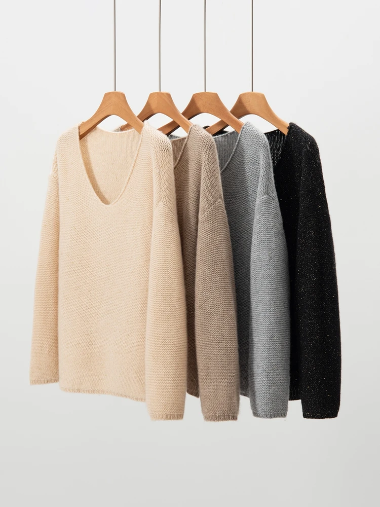 

Женское пальто, пуловер из 100% кашемира, свитер, осень-зима, с v-образным вырезом, однотонный, ленивый ветер, мягкий комфортный вязаный базовый топ с длинными рукавами, высококачественные топы