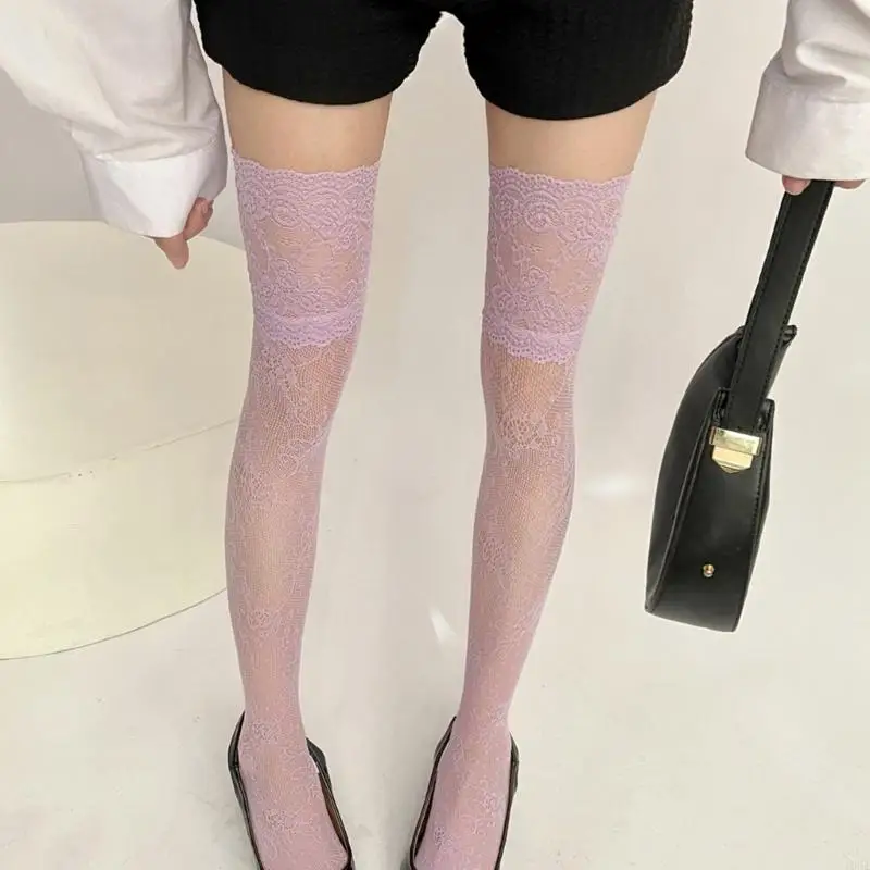 فخذ الفخذ العالي الجوارب عالية الدانتيل الأزهار شبكة السمكة طويلة الجوارب الطويلة #5