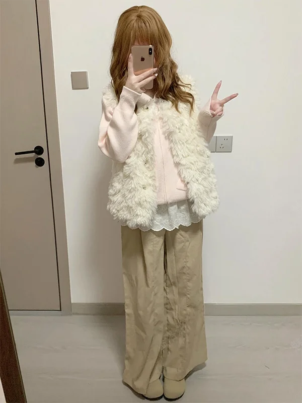 Korean Style Lazy Fashion Tuscan Wool Fur Vest Autumn Winter Versatile Leather Fur Integrated Tank Top Button Design Thickene...