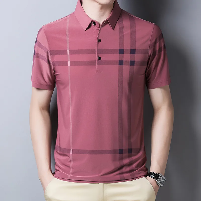 Summer Short Sleeve Polo T-shirt Male Casual Clothing Ice Silk Polo Shirt Formal Plaid Tops