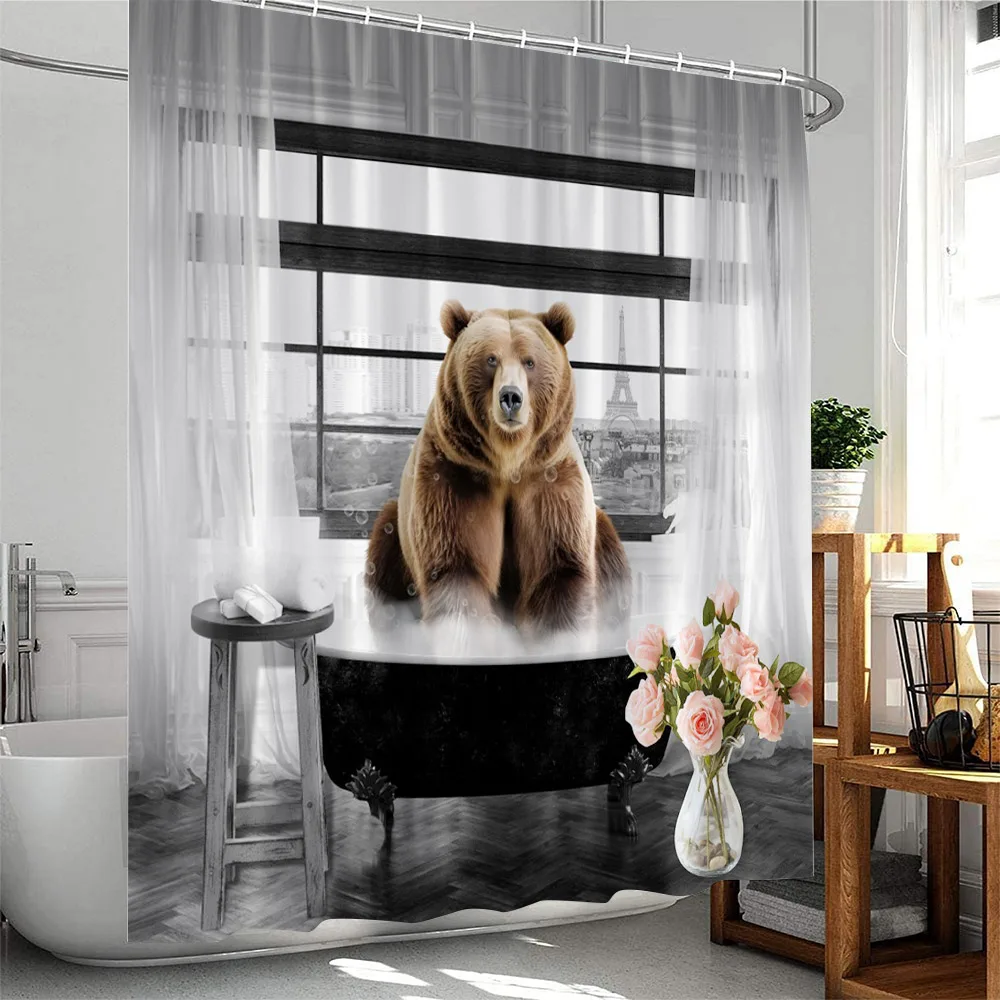 Brown Bear Shower Curtain Animal Print Bathing Bears Forest Trees Cabin Bathroom Decor Polyester Bath Curtain Cloth