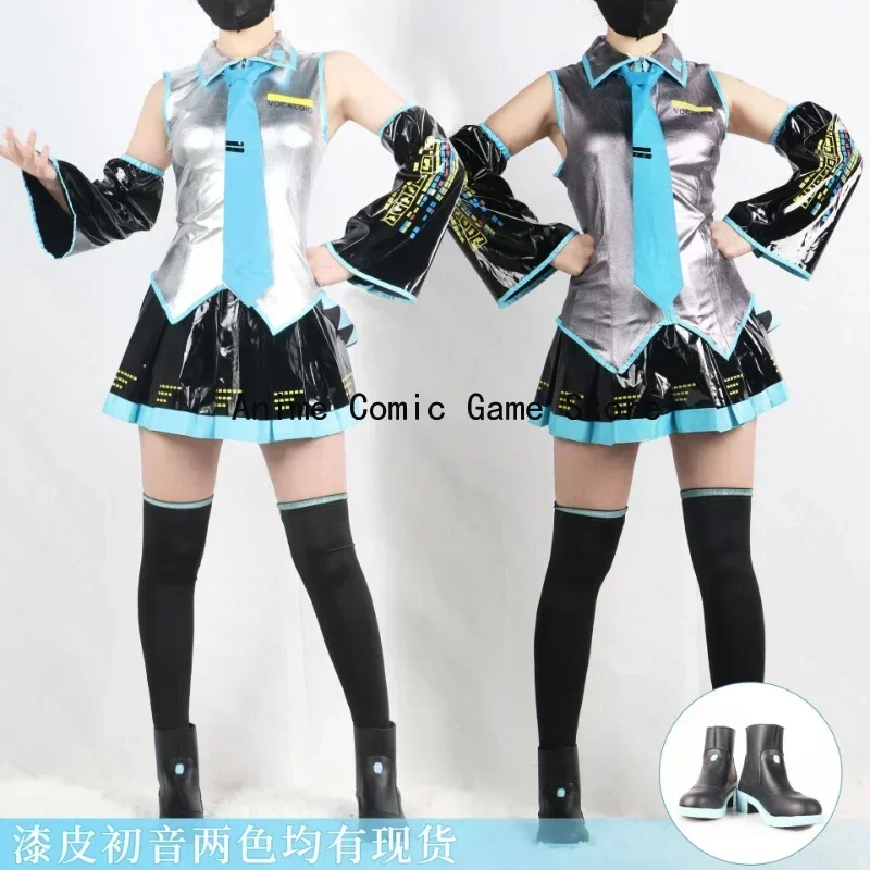 Anime Miku Cosplay Costume Wig Shoes Headwear Full Set Miku Patent Leather Dress Halloween Carnival Party Outfit for Women XXXL