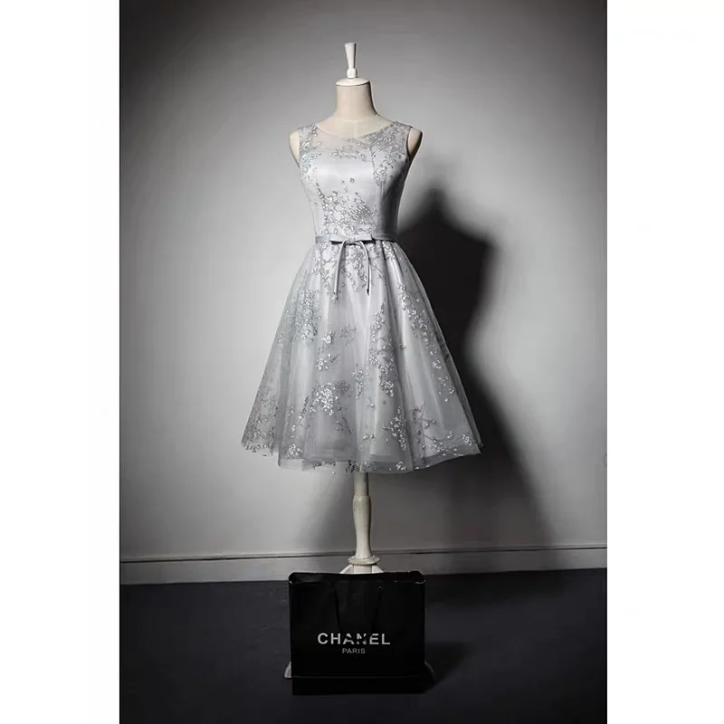 F2108 Fashion Gray Prom Dresses Graduation Formal Robe Girl Birthday Backless Illusion Lace Up Wedding Party Dress Tulle