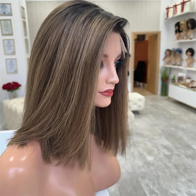 

New Wig for 2024 Ombre Blonde Brown Color Short Bob Human Hair Wig 13X1 Straight Lace Frontal Wig PrePlucked Hairline Daily Use