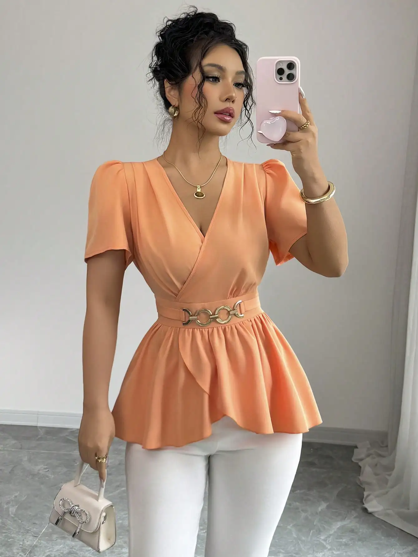 

Женская блузка с V-образным вырезом, оборками, пышными рукавами и поясом, элегантная повседневная одежда