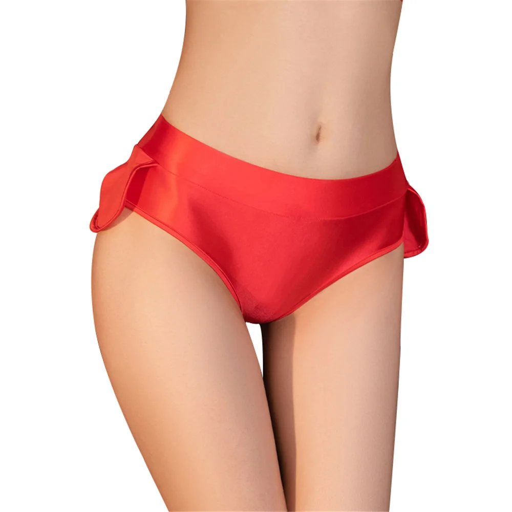 Female Sexy Mid-waist Briefs Oil Shiny Smooth Skirt Circumference Temptation Lady Panties Elastic Ruffled Thong Women Underwear