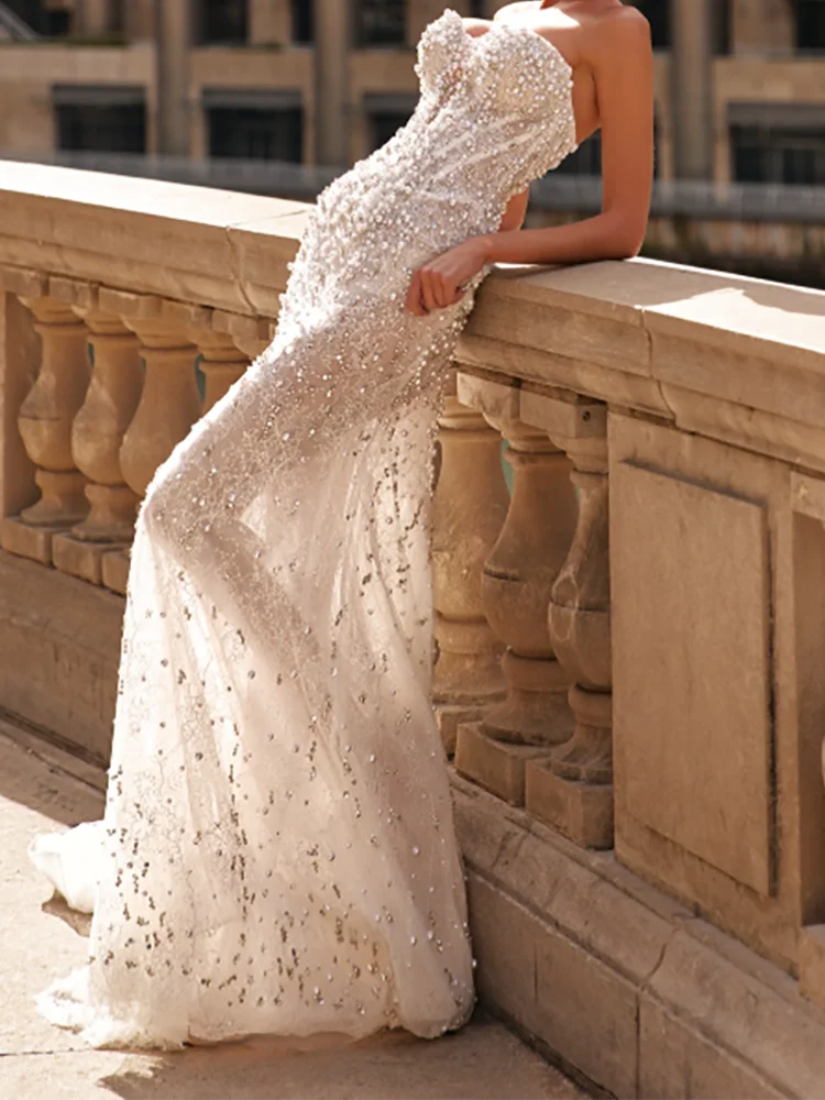 절묘한 연인 아플리케 민소매 비즈 인어 신부 웨딩 드레스 신부 가운 맞춤형