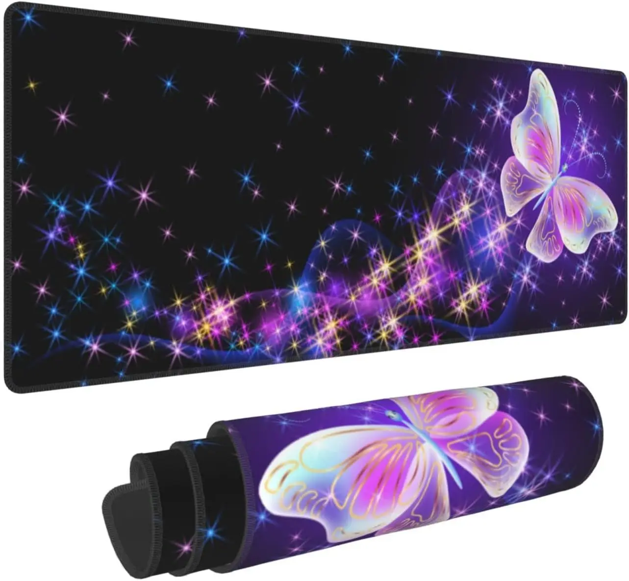 Magic Purple Butterfly Extended Mouse Pad – XL Oversized Desk Mat with Stitched Edges and Non-Slip Base for Gamers & Home Office
