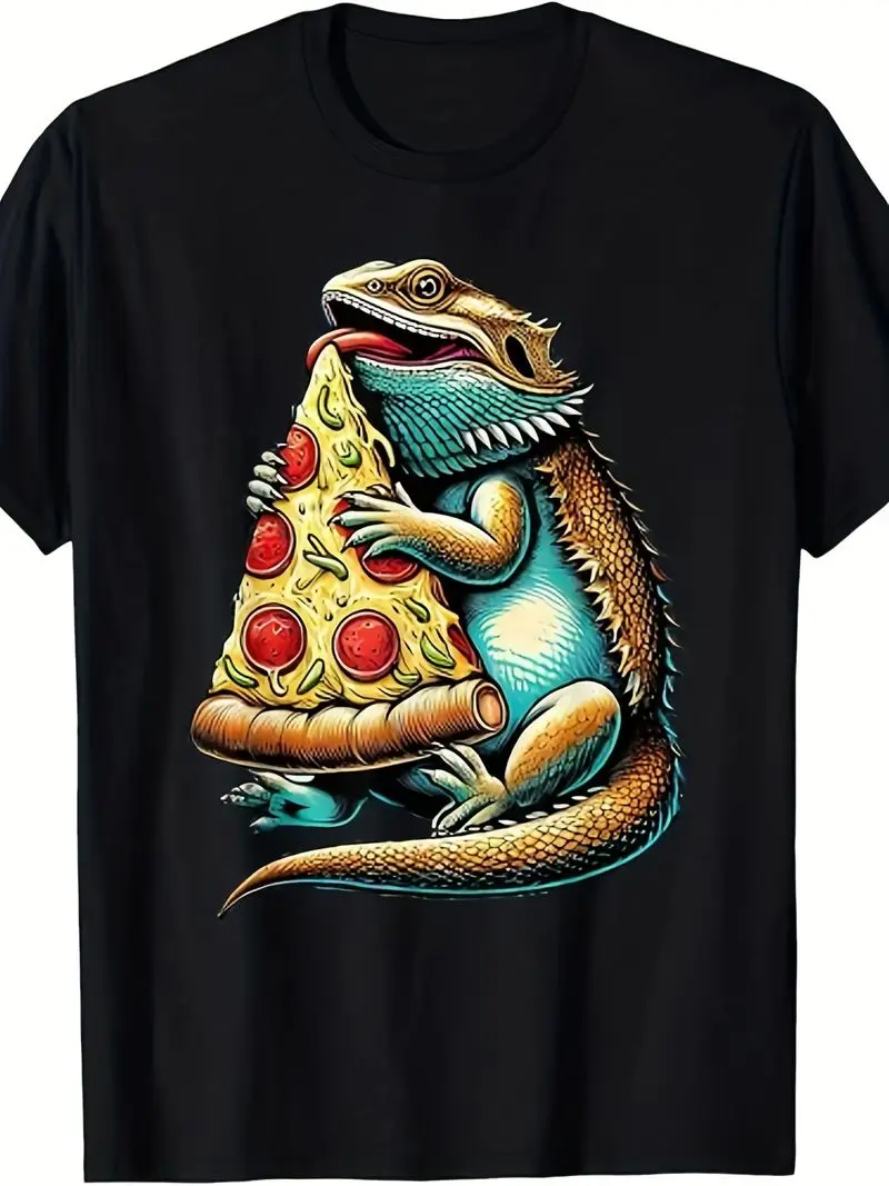 Bearded Dragon Eating Pizza T-Shirt Cool Design Comfortable Cotton Round Neck Casual Wear Everyday Style Outdoor Activity Shirt