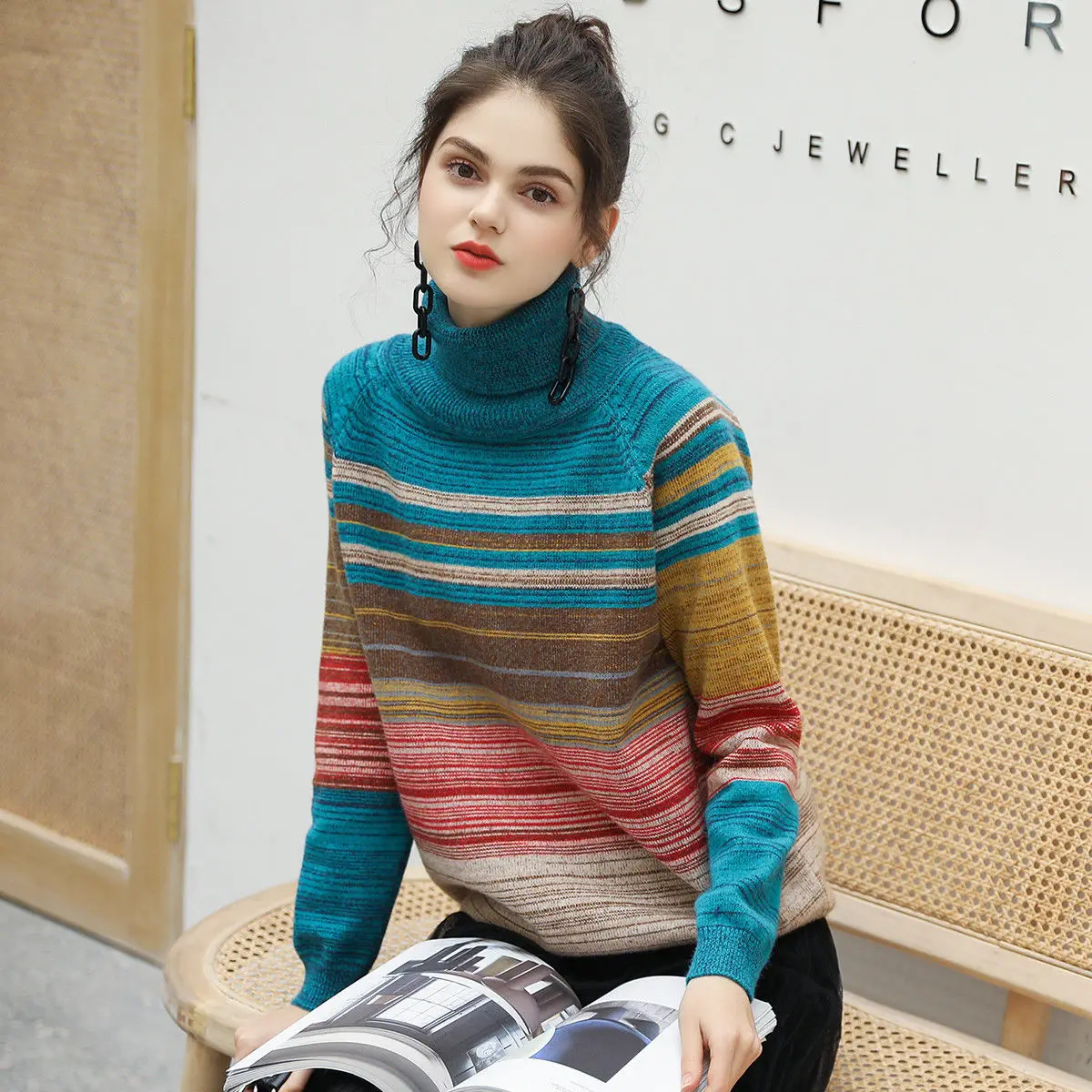 Autumn Winter Thin T-Shirts Rainbow Casual Office Lady Bottoming Loose Pullovers Striped Women's Clothing Straight Turtleneck