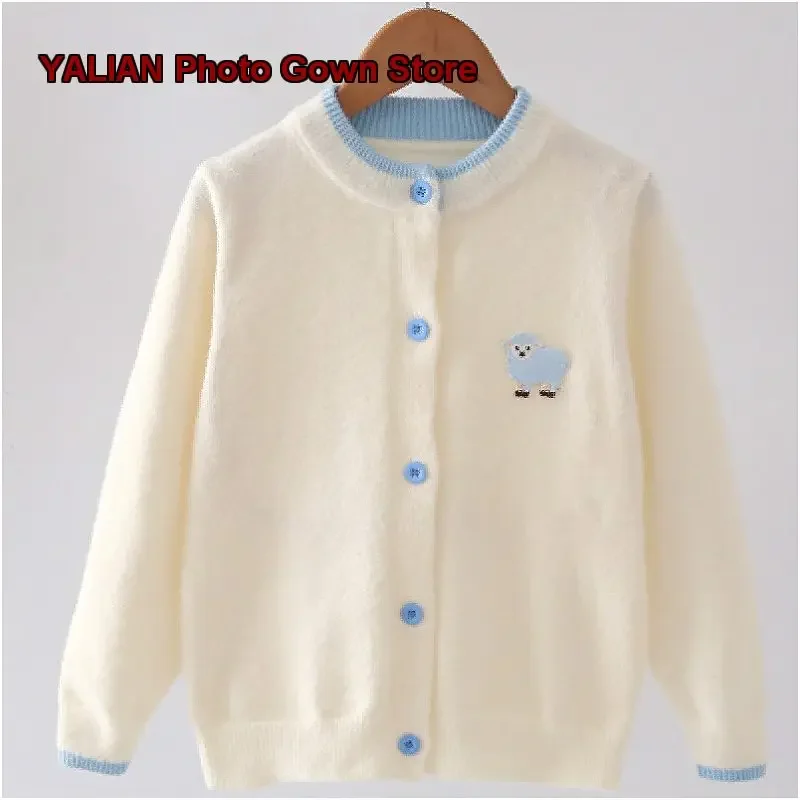 Children Cartoon Lamb Embroidery Contrasting Colors Round Neck Girls Knit Top Sweet Outerwear Kids