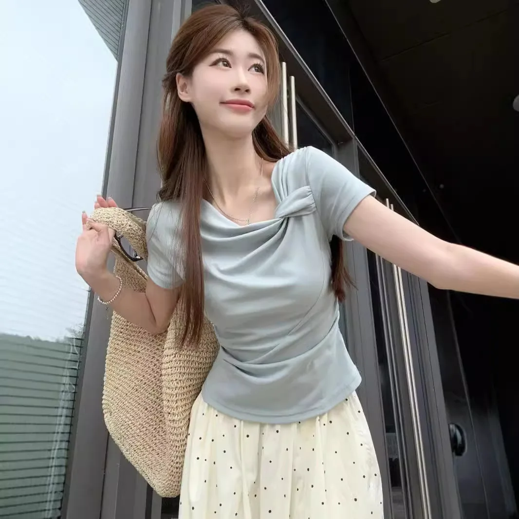 

Высокое качество, хит продаж, оптовая продажа, дизайн, витая футболка с короткими рукавами, летняя мода, облегающий универсальный однотонный женский топ