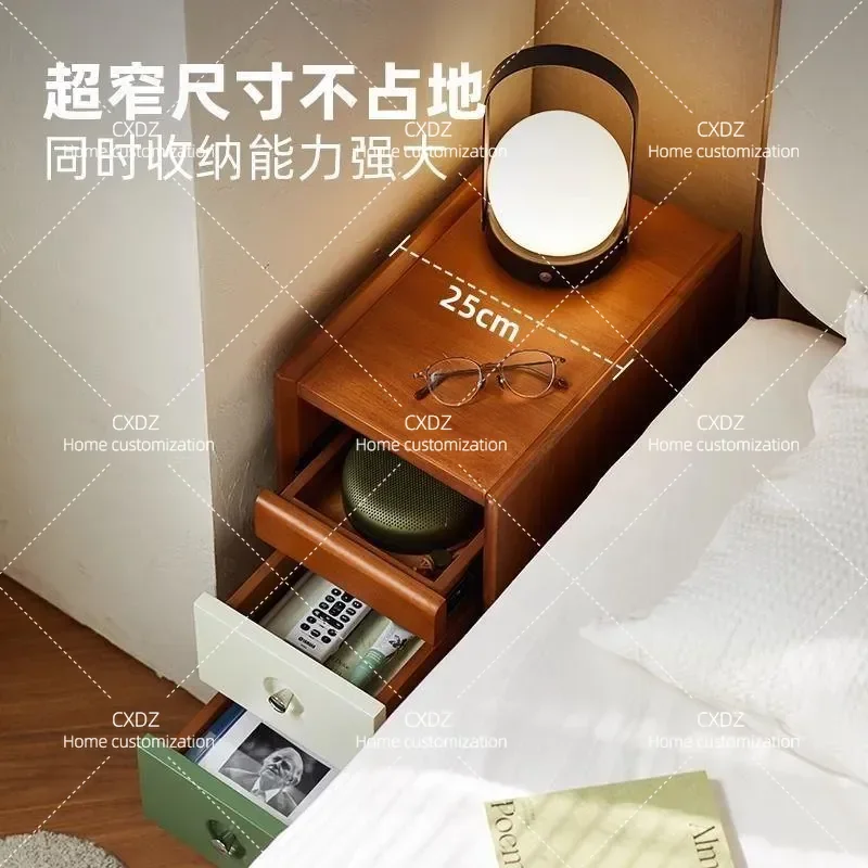 Retro Solid Wood Bedside Table Color Matching Nightstand Small Storage Cabinet for Bedroom Simple Design Compact Size