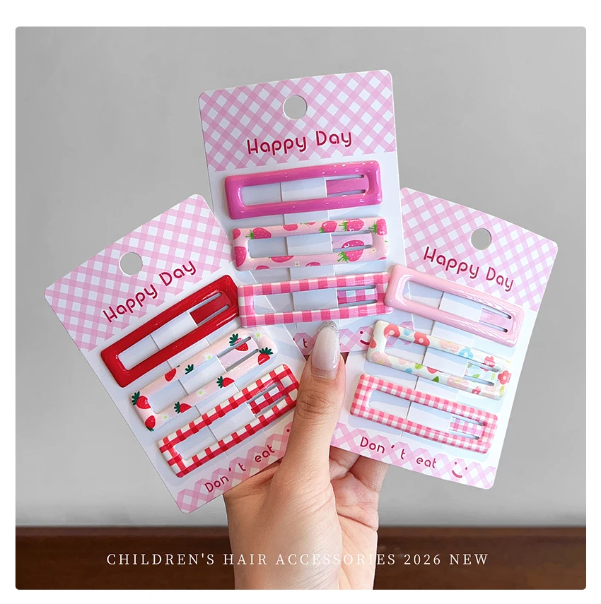 Neue koreanische 3-teilige Haarspangen-Sets mit kariertem, floralem und fruchtigem Muster für Frauen, Mädchen und Kinder, BB-Haarspangen, Mädchen-Haaraccessoires – Detail 3