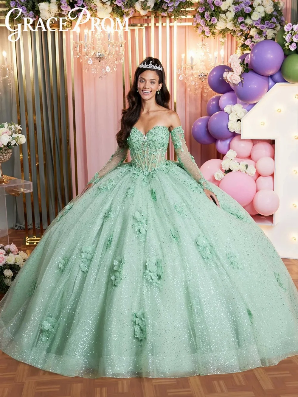فستان كوينسيانيرا رومانسي بأكمام طويلة وتنورة منفوشة مع تطريز ثلاثي الأبعاد وخرز وقماش شفاف، فستان أنيق باللون الأخضر الفاتح، فساتين لحفلات الخامسة عشر