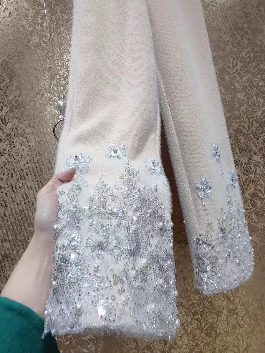 Luxury Style Pearls Beaded Sequined Stitch Thick Warm Pants Heavy Industry Wide-Leg Pants Autumn Winter 2024 Women Trousers