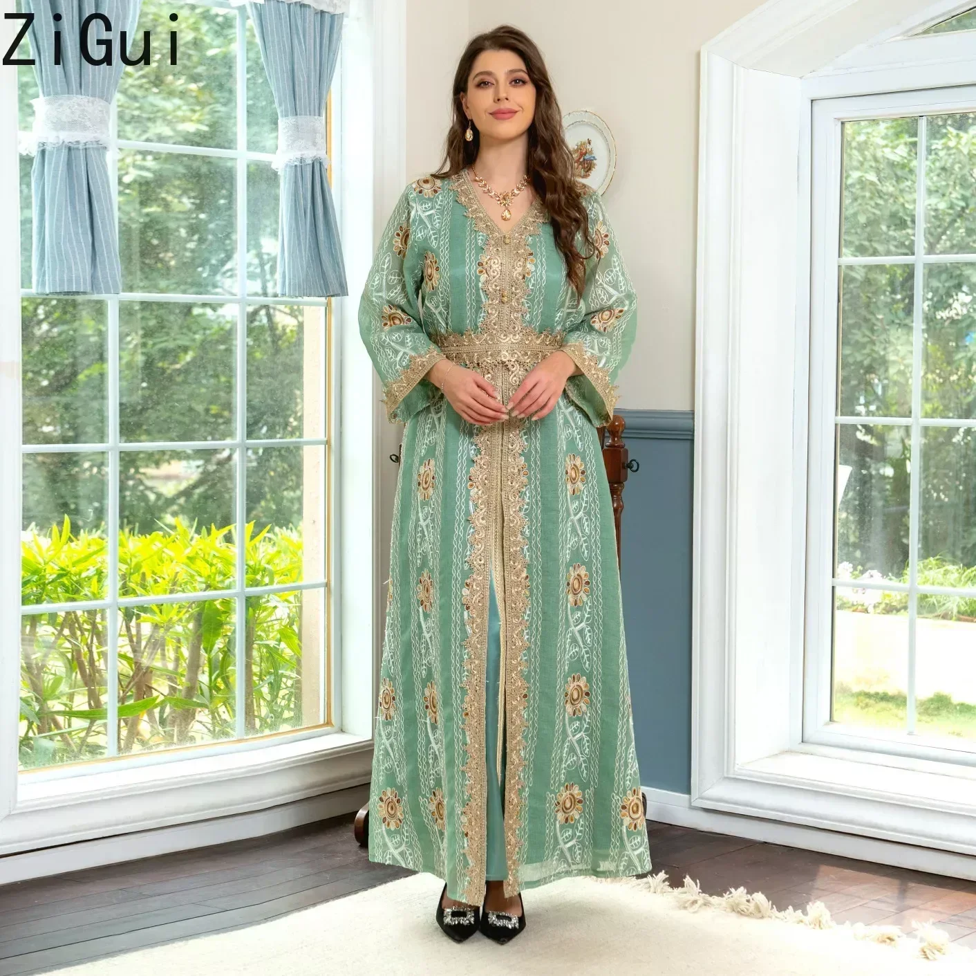 Zigui Dubai Dresses Luxury Arabic Suitable Embroidered Green Lace Gown Jalabiya Women\'S Evening Dress for Party Wedding Birstday