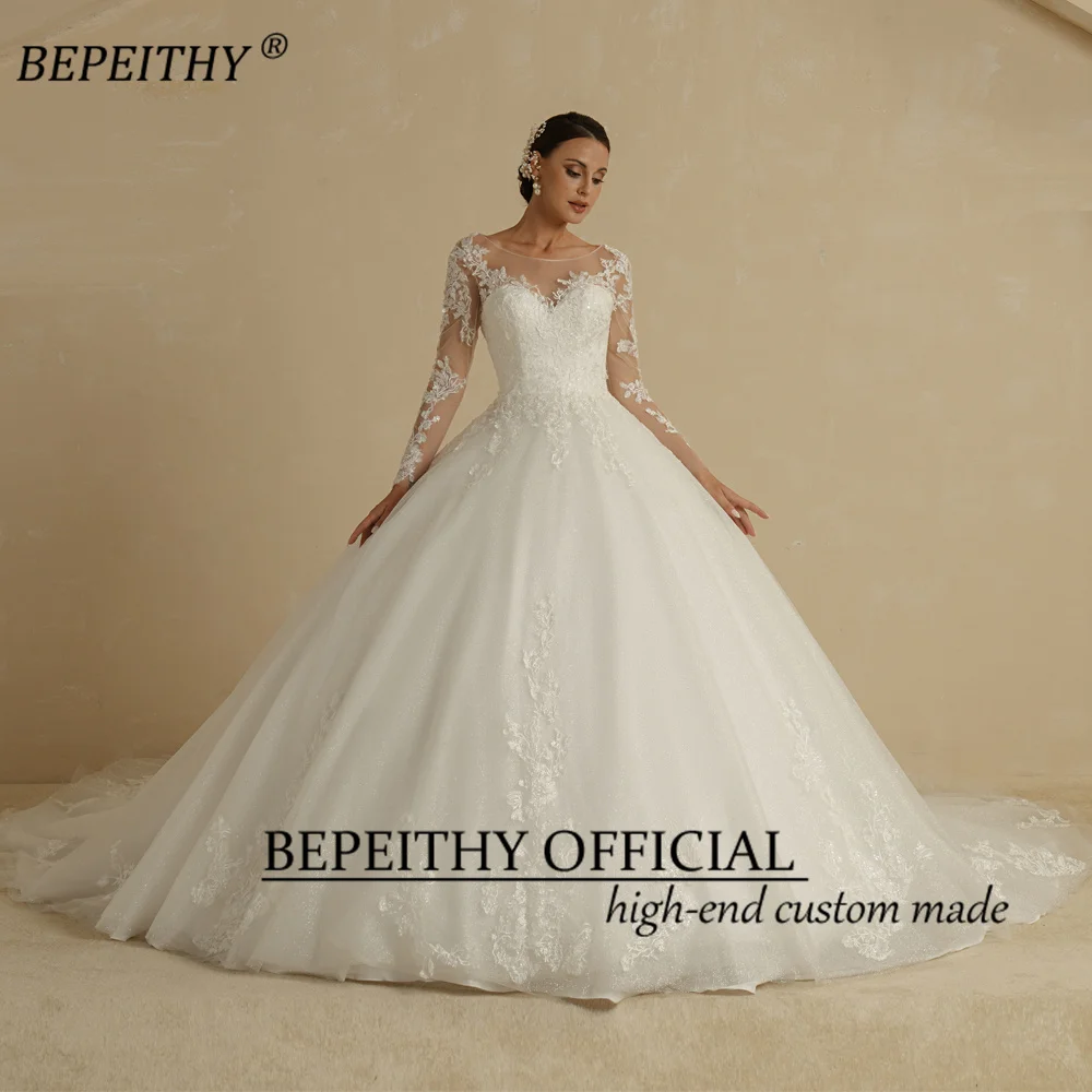 Bepeithy personalizado requintado colher vestido de casamento 2022 para as mulheres mangas completas capela trem vintage caiu renda bola vestido de noiva