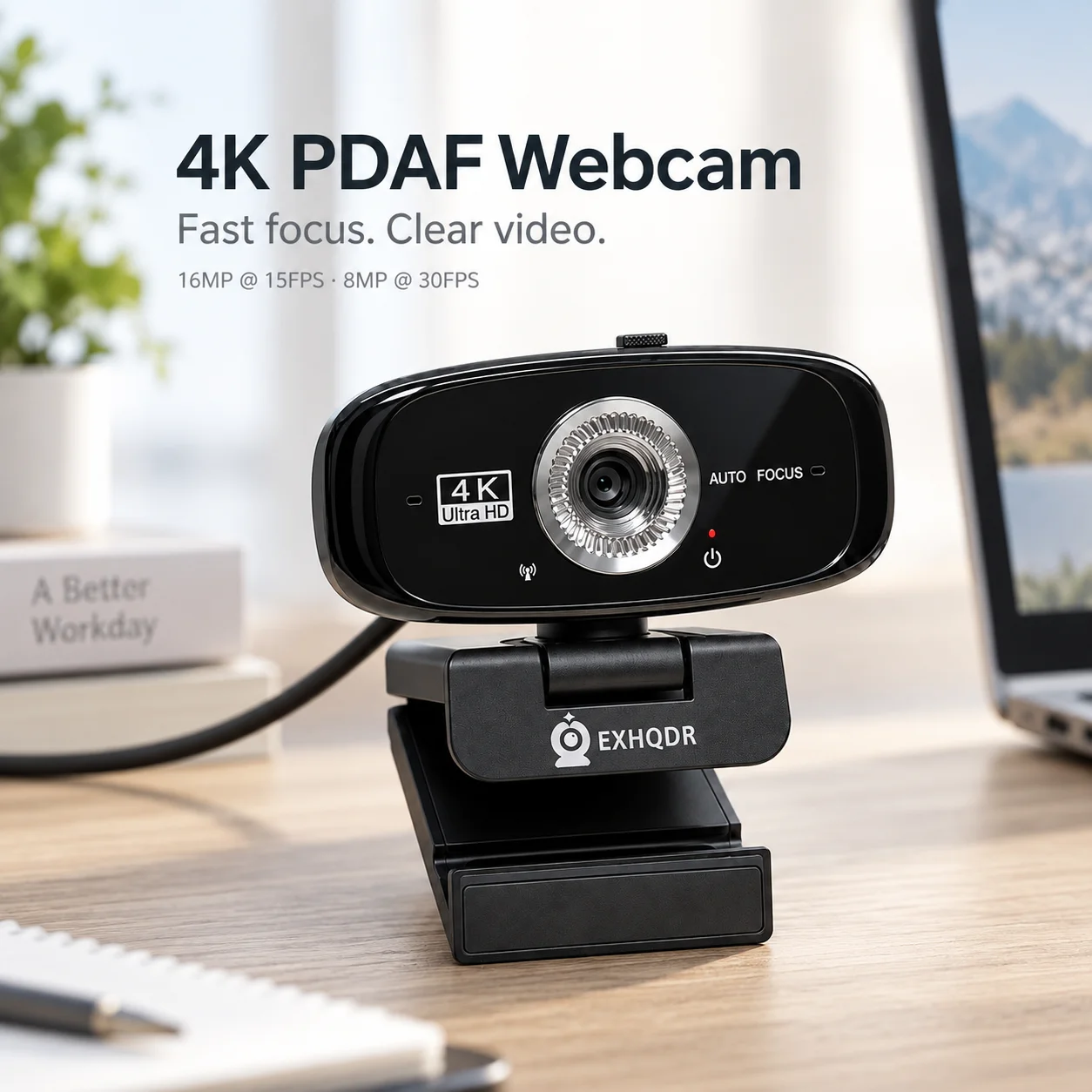 EXHQDR True 4K Ultra HD Webcam with Fast Autofocus, USB & Type-C Plug and Play Camera for High-Quality Meetings and Content Crea
