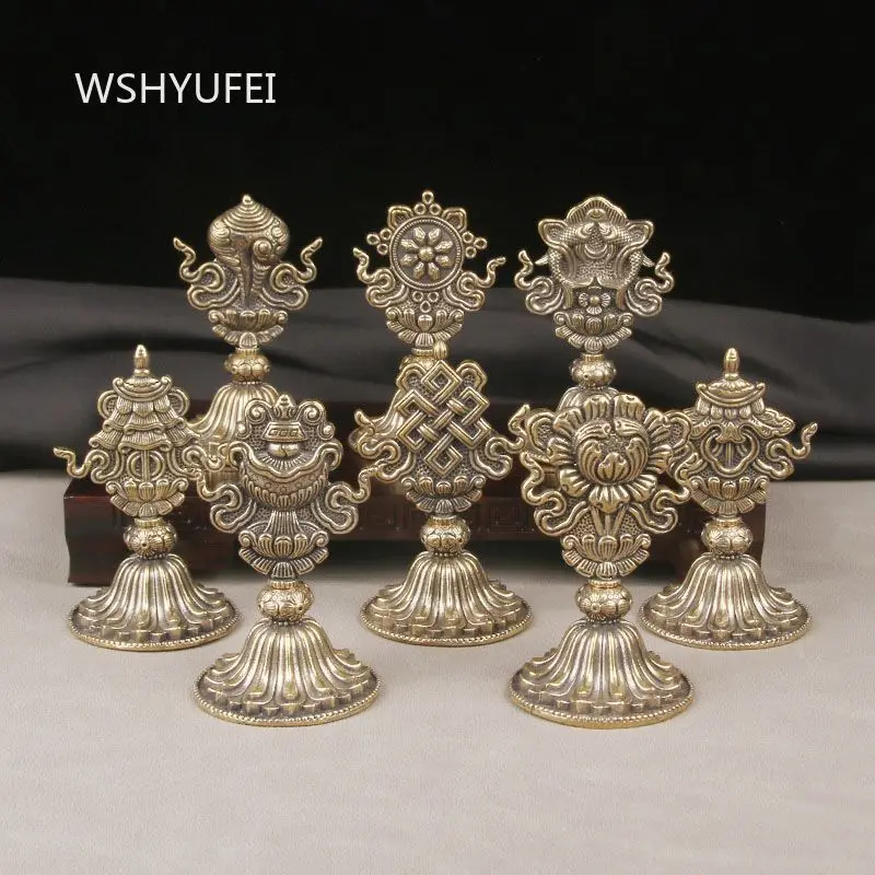 Copper 8 Auspicious Symbols Statue Set Tibetan Buddhist Ashtamangala Ornament Buddhist Altar Tea Table Decor Worship Supply