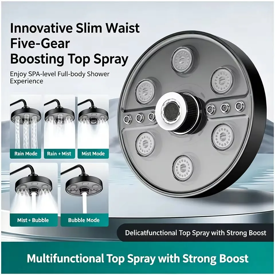 New 175mm 5 Modes Adjustment Ceiling Mount Shower Head Small Waist Water Supercharge Top Spray Rain Shower Bathroom Accessories
