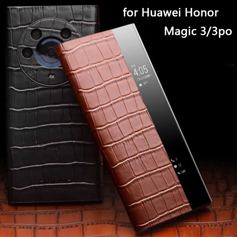 Luxury Cow Genuine Leather Case For Huawei Honor Magic 3 Smart Phone Cover For Honor Magic3 Pro Flip Window View Funda Skin Bag