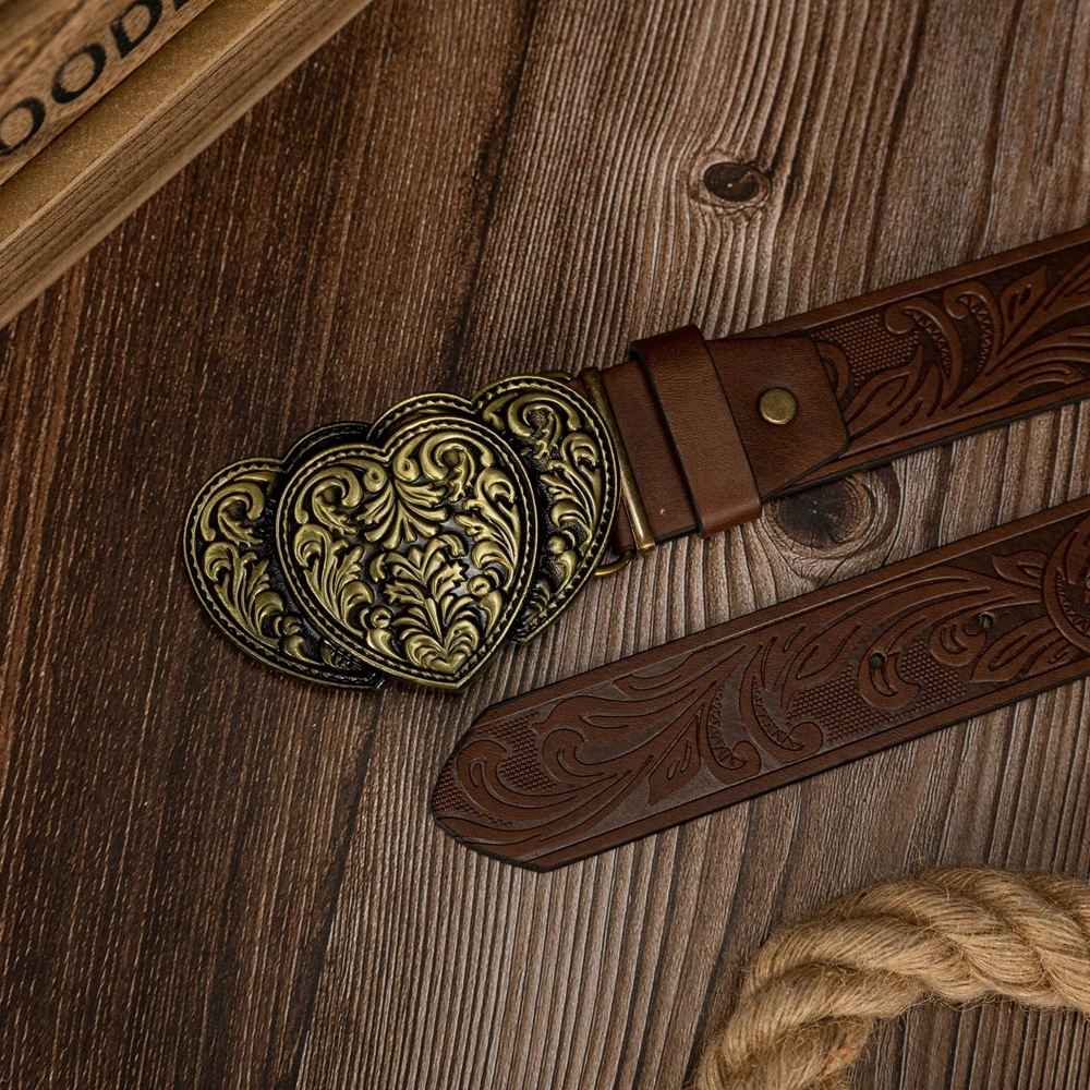 three-dimensional floral pattern carved heart large plate buckle fashionable versatile phoenix tail pattern PU embossed belt