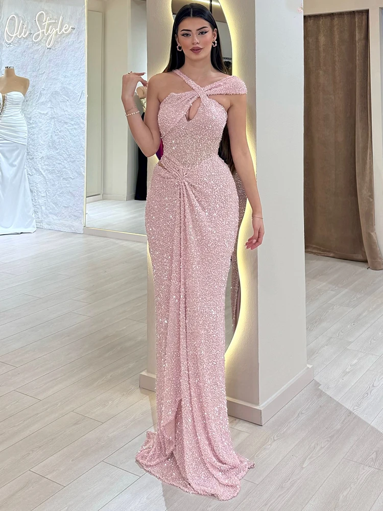 Elegante rosa Pailletten-Abendkleider mit Ausschnitten – One-Shoulder-Kreuzträger-Formelles Kleid für Damen 2025, neu, Vestido De Noite