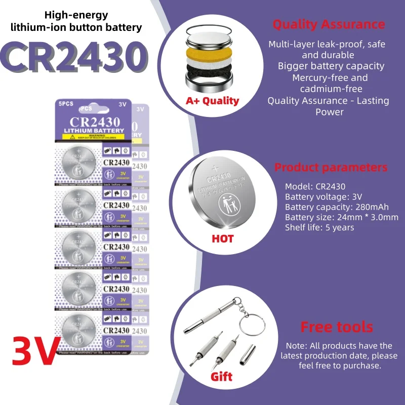 

CR2430 3V Lithium Battery CR 2430 DL2430 BR2430 280mAh Button Coin Battery for Key Fob Watch Alarm Clock Remote Control