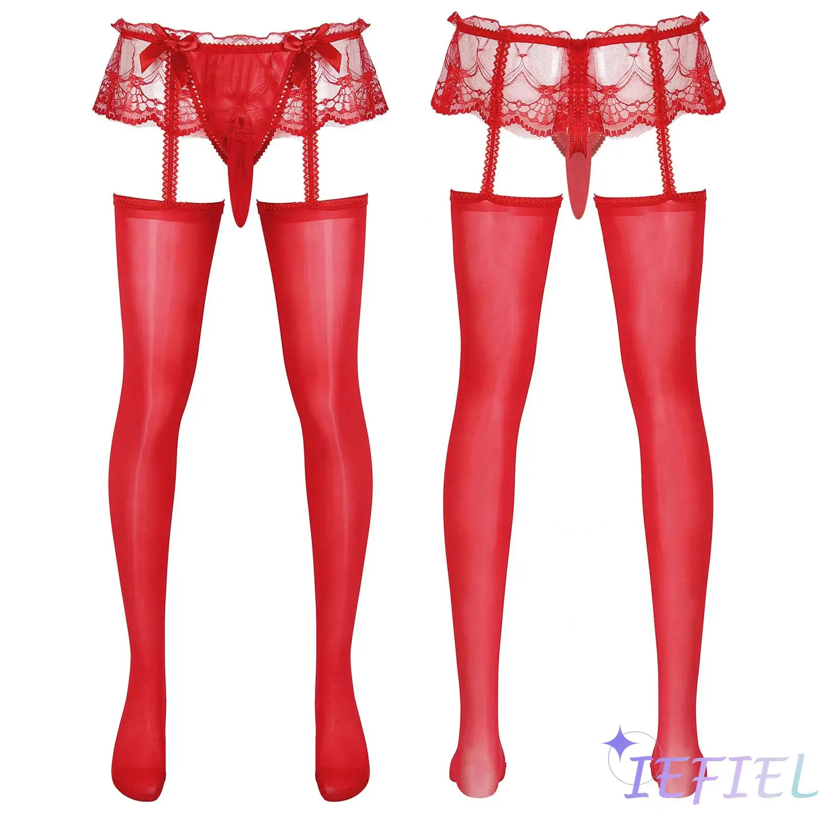 

Men Lace Thong with Thigh High Suspender Stockings Sissy Hosiery Socks Underwear Over Knee Socks Crossdressing Costume Nightwear